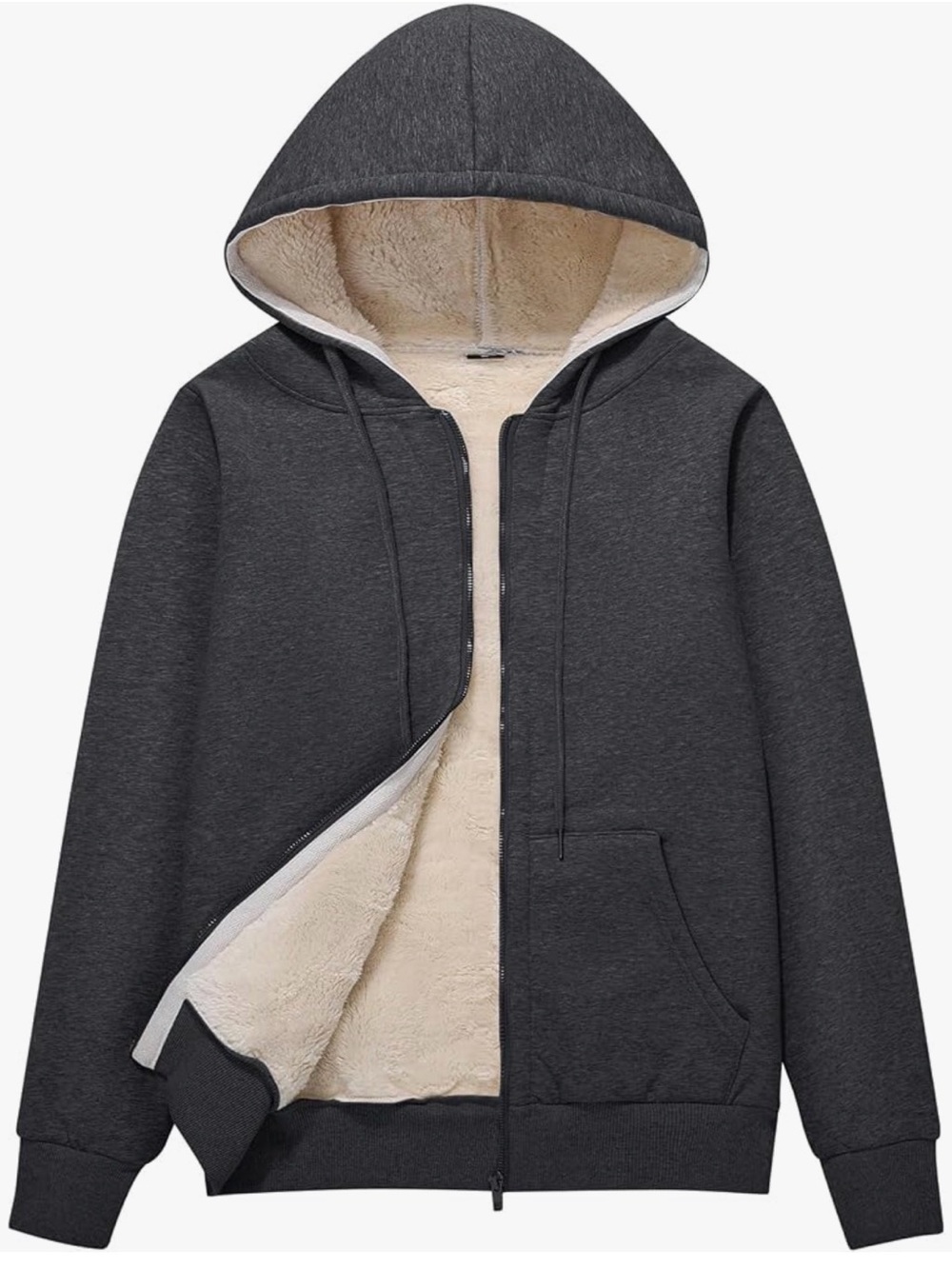 Sherpa lined charcoal grey cozy zip hoodie with pockets!